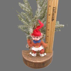 Vintage Flocked Pixie Elf Christmas Ornament, 5 Inch Tree Decoration